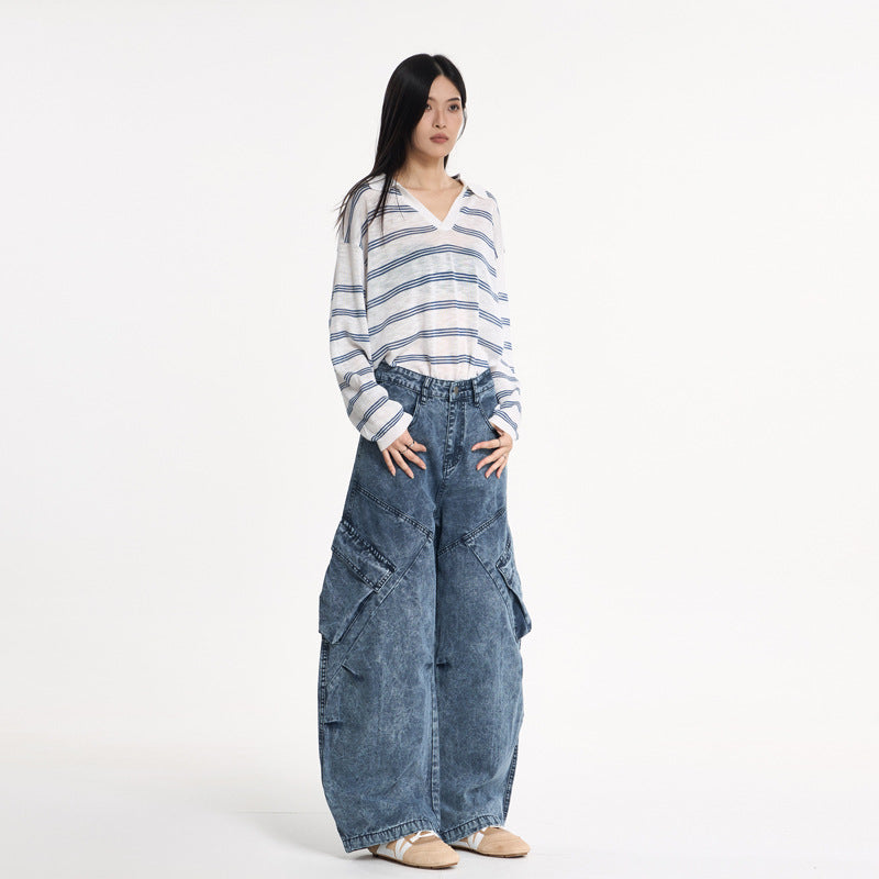 Design Knife-Style Cargo Pants Unisex Streetwear Loose Straight Wide-Leg Jeans