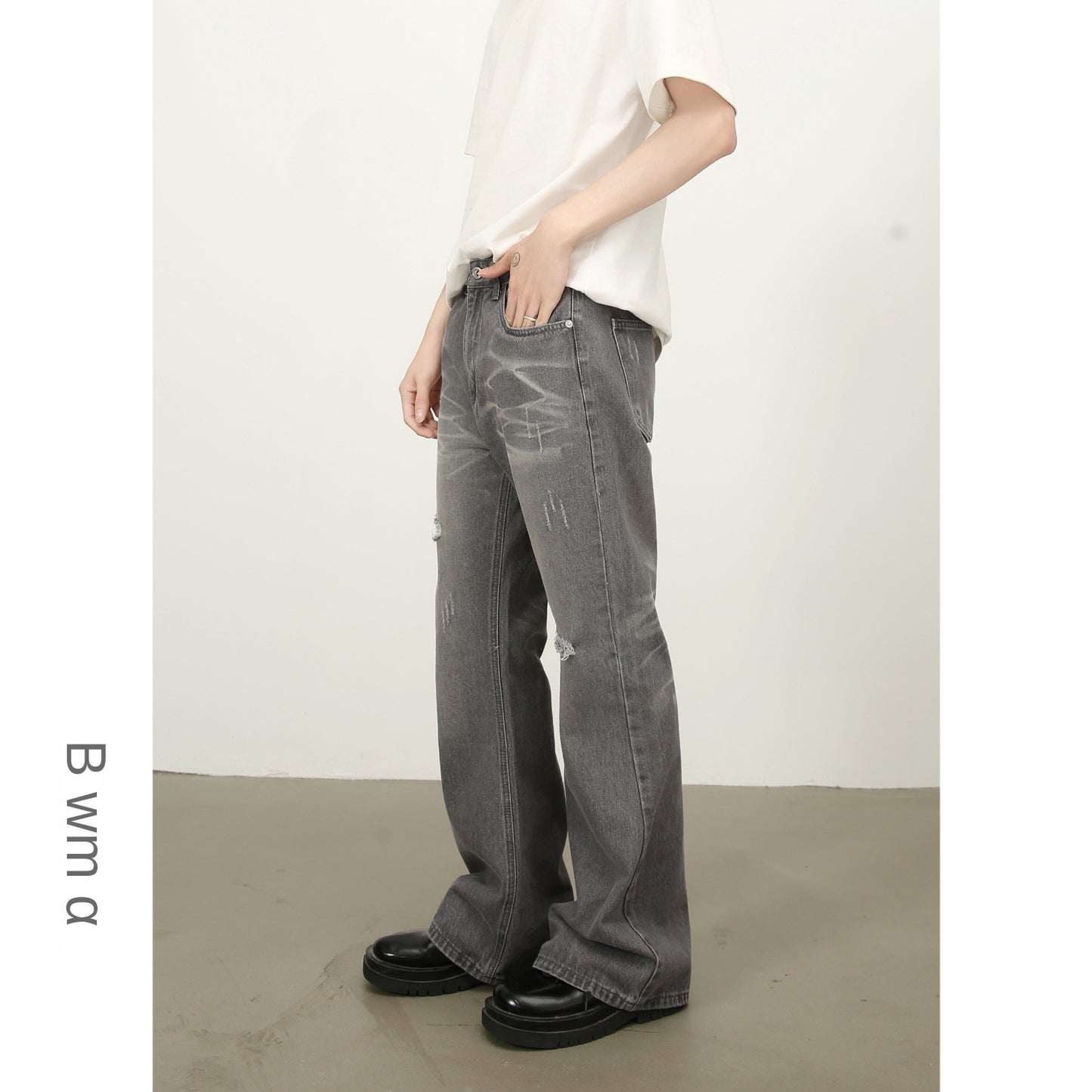 American High Street Washed Flared Hole Denim Trousers for Men