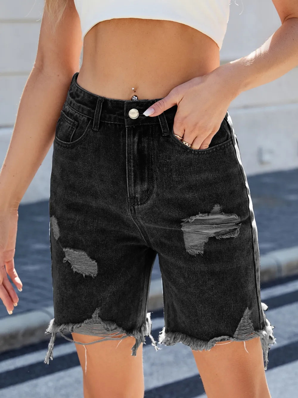 Distressed Raw Hem Denim Shorts - Premium Japanese Denim