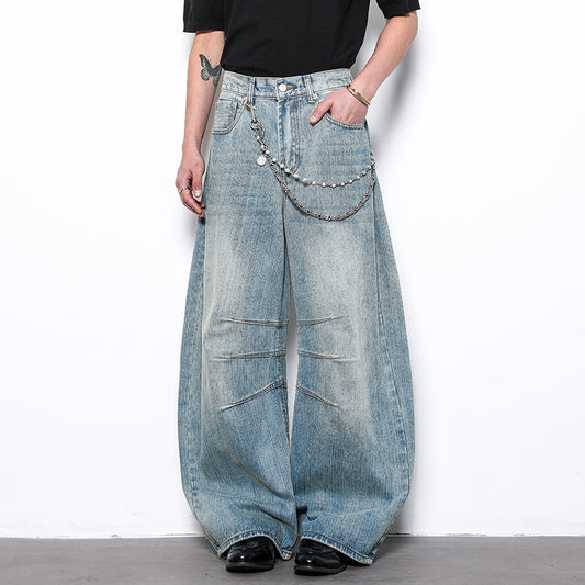 Bamboo Pattern Curved Knife Denim Loose and Slimming Wide Leg Pants