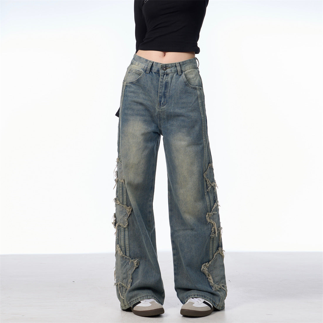 Star Sticker Wide Leg Denim Floor Pants for Men