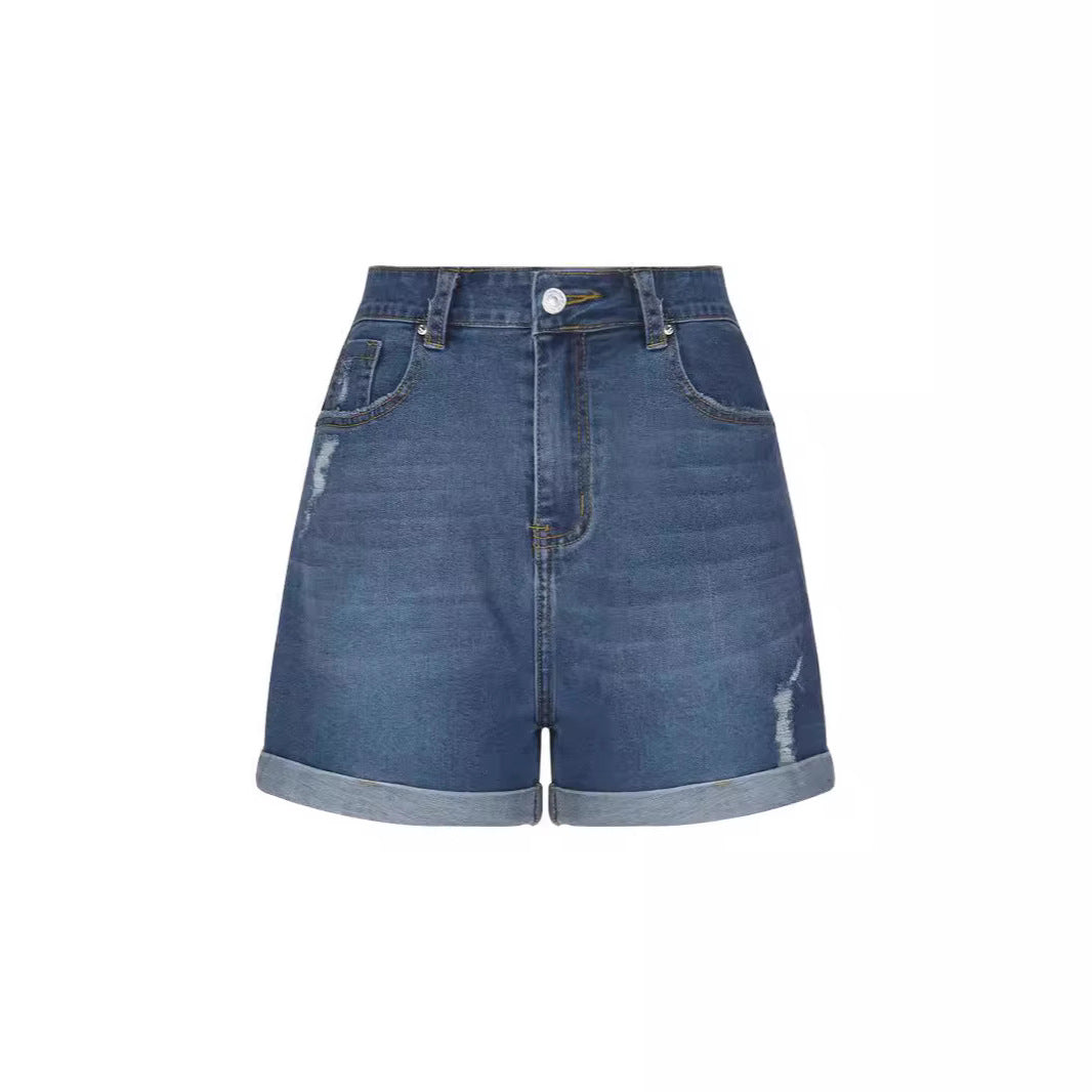 Elastic Straight Tube Worn-Out Rolled Edge Denim Shorts