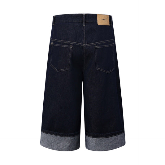 Street Style Spliced Hem Denim Shorts - Unisex Loose Fit