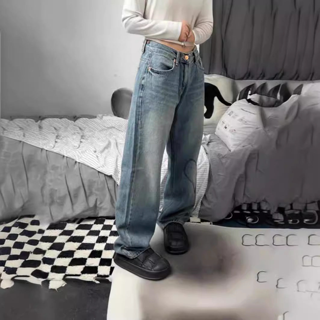 Loose Heart-Shaped Embroidered Wide Leg Jeans for Women