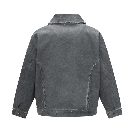 Retro Washed Distressed Patchwork Whisker Collar Denim Jacket - Unisex Casual Outerwear