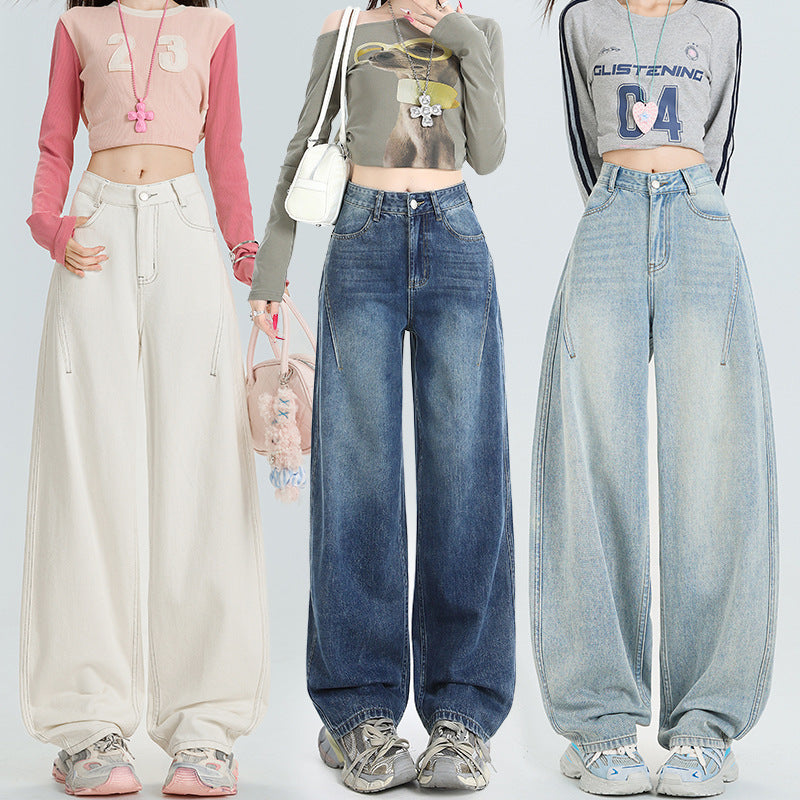 Light-Colored Wide-Leg Jeans for Women - High-Waisted Loose Plus-Size Flare Trousers