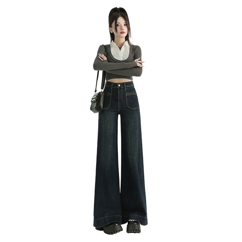 Wide-Leg Denim Pants for Women - Low Waist Loose Flared Trousers