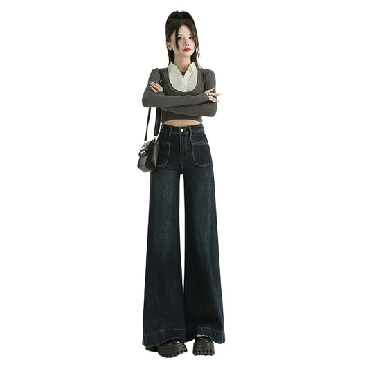 Wide-Leg Denim Pants for Women - Low Waist Loose Flared Trousers