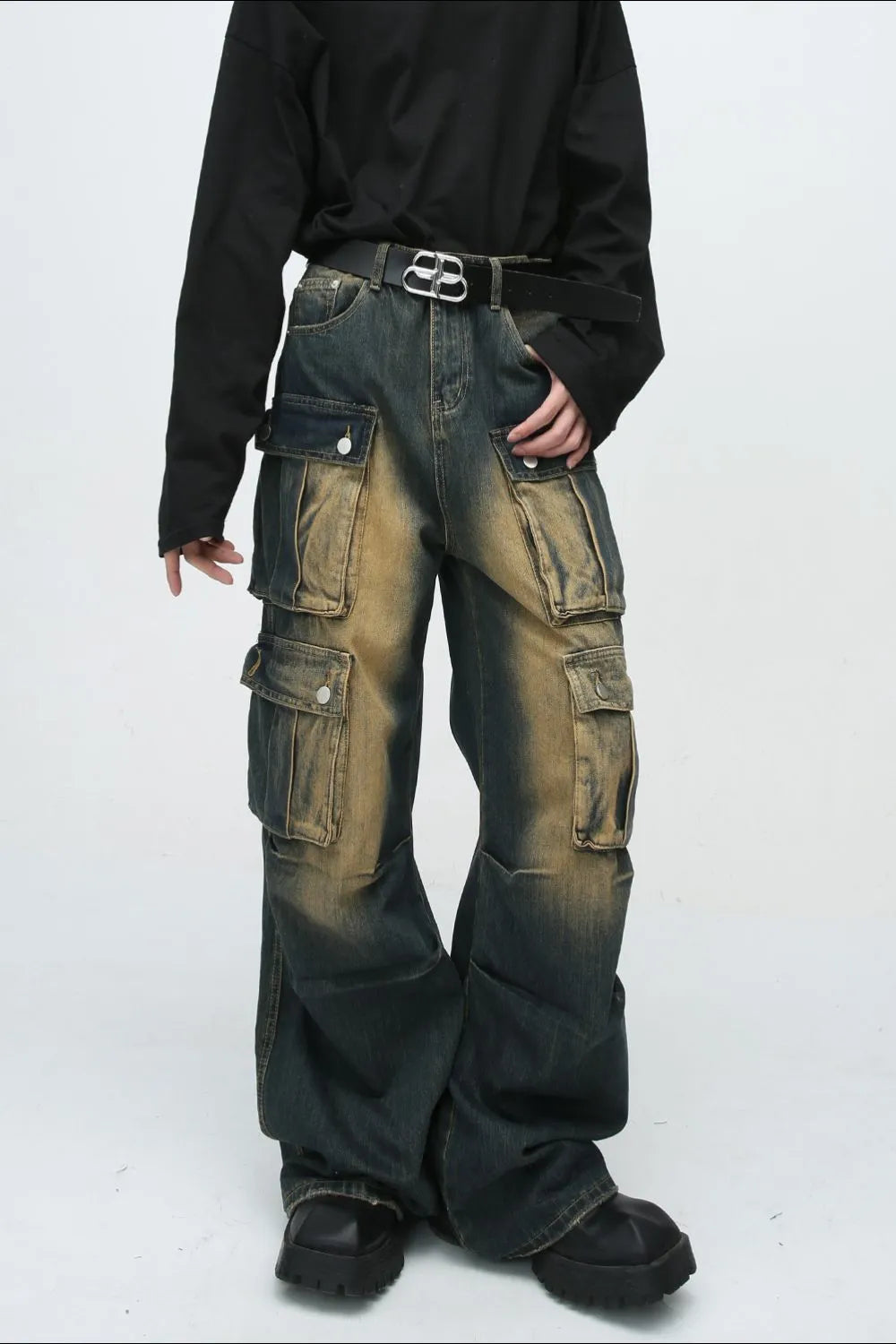 High Waist Jeans with Cargo Pockets - Premium Japanese Denim