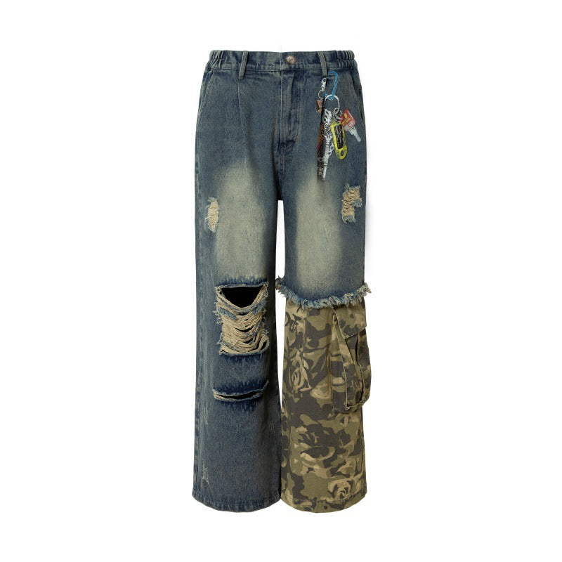Wear Out Pendant Camouflage Spliced Straight Leg Jeans