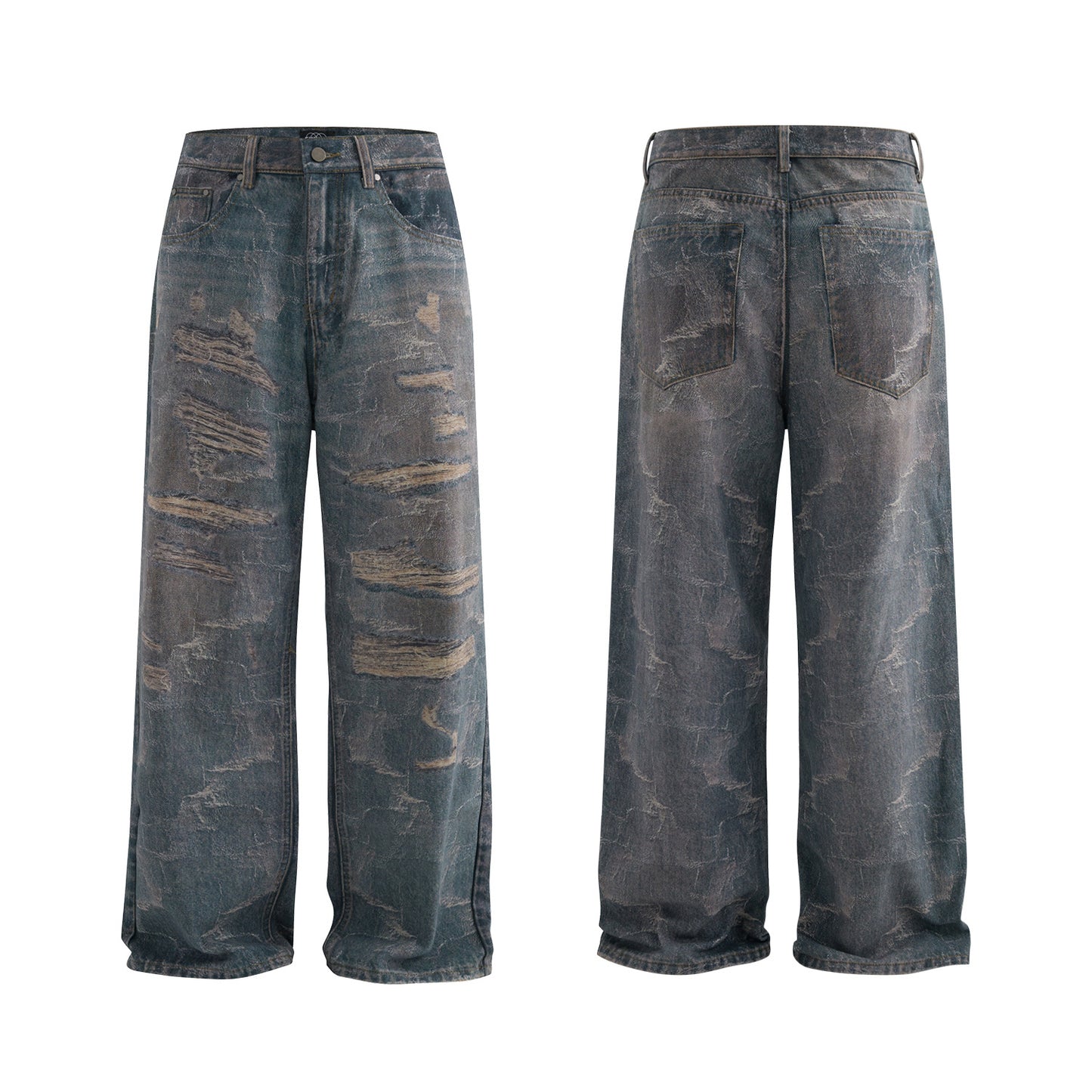 High Street Washed 3D Printed Baggy Wide Leg Jeans