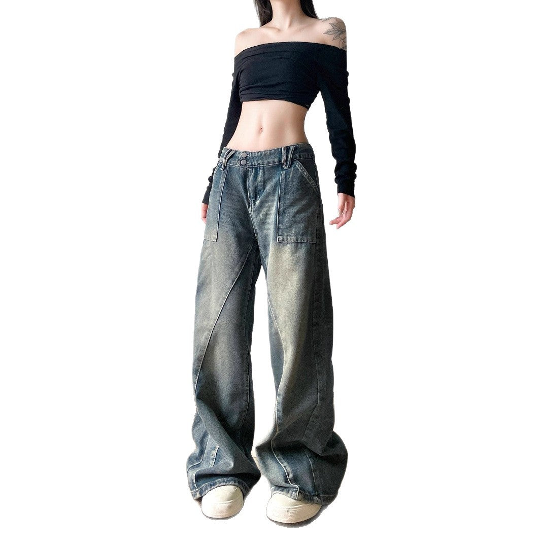 Women's Basic Washed Split Low Waist Loose Denim Pants