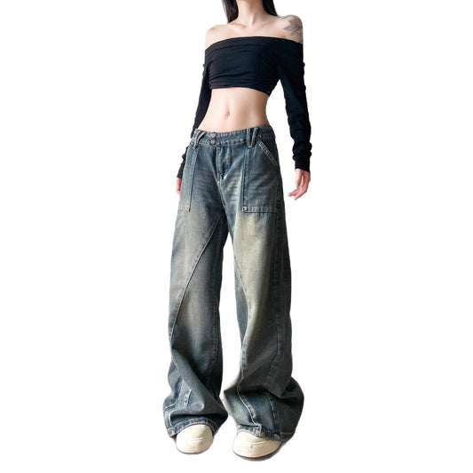 Women's Basic Washed Split Low Waist Loose Denim Pants