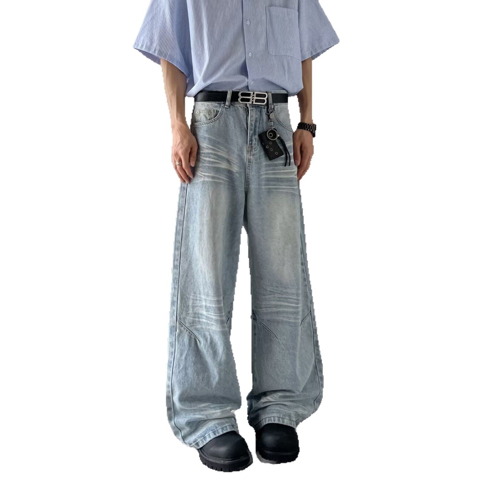 Wash Ground White Light Blue Loose Straight Leg Jeans