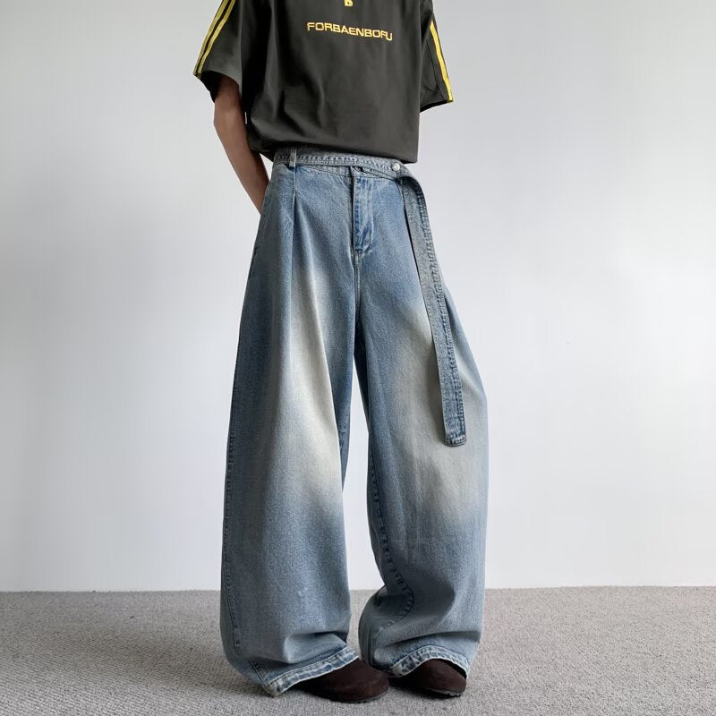 Strap Silhouette Wide Leg Curved Waist Belt Straight Leg Jeans