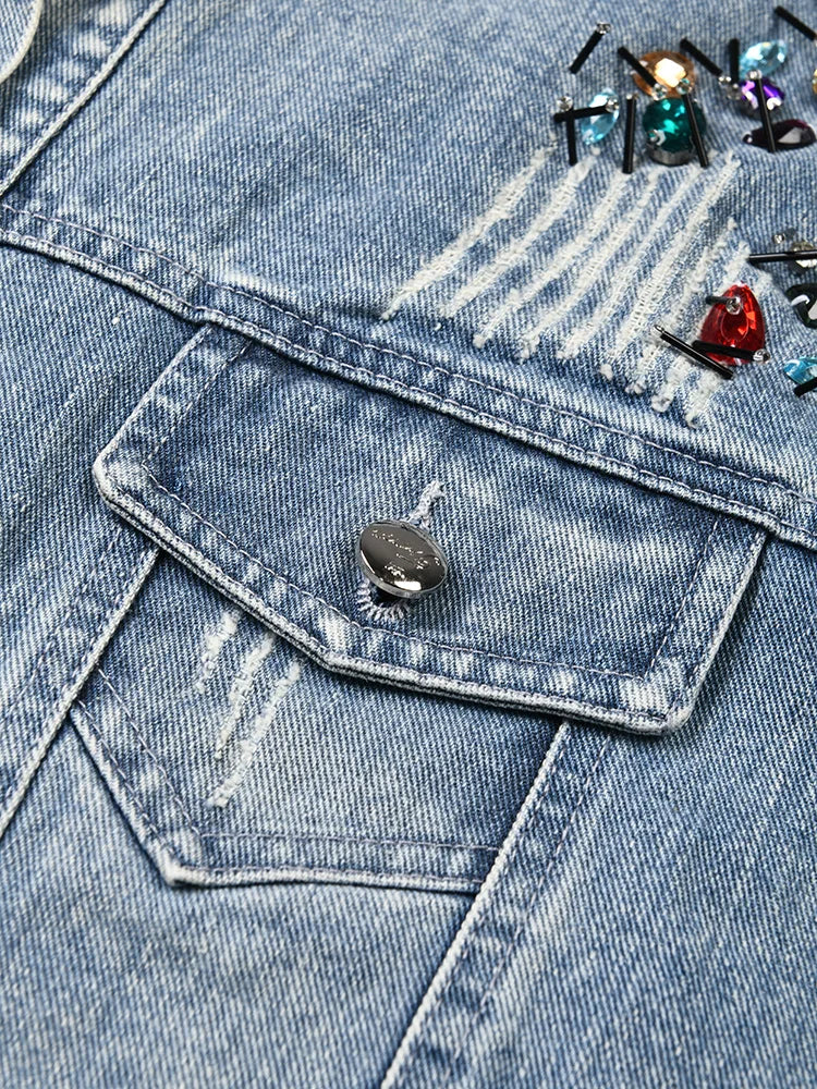 Long Sleeve Colorful Rivet Denim Jacket - Vintage Autumn Outwear