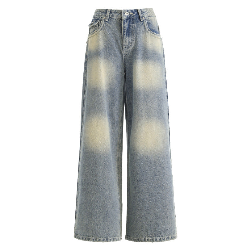 Gradient Washed Denim Pants for Women - Retro Loose Straight Leg Wide Leg Pants