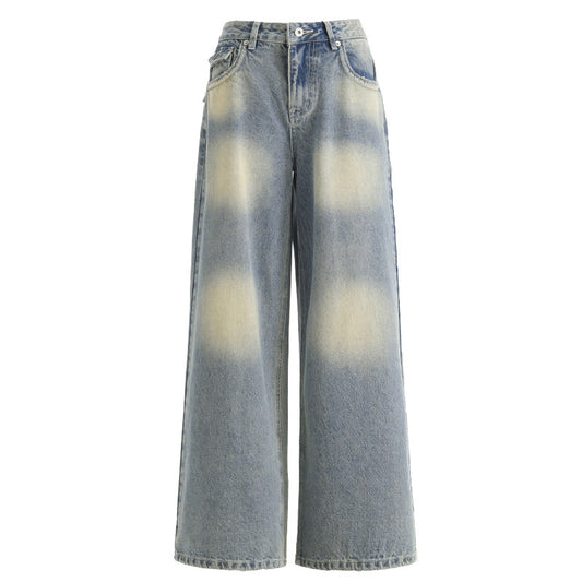 Gradient Washed Denim Pants for Women - Retro Loose Straight Leg Wide Leg Pants