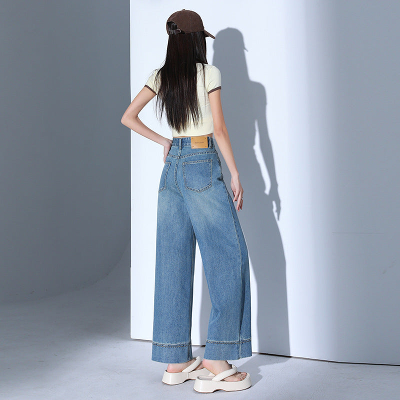 Light Blue Casual Wide-Leg Jeans for Women - High-Waist Slimming Nine-Point Straight Leg Pants