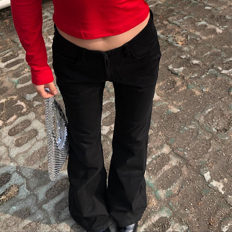 Retro Trendy Solid Color Horn Low Waist Zipper Denim Pants