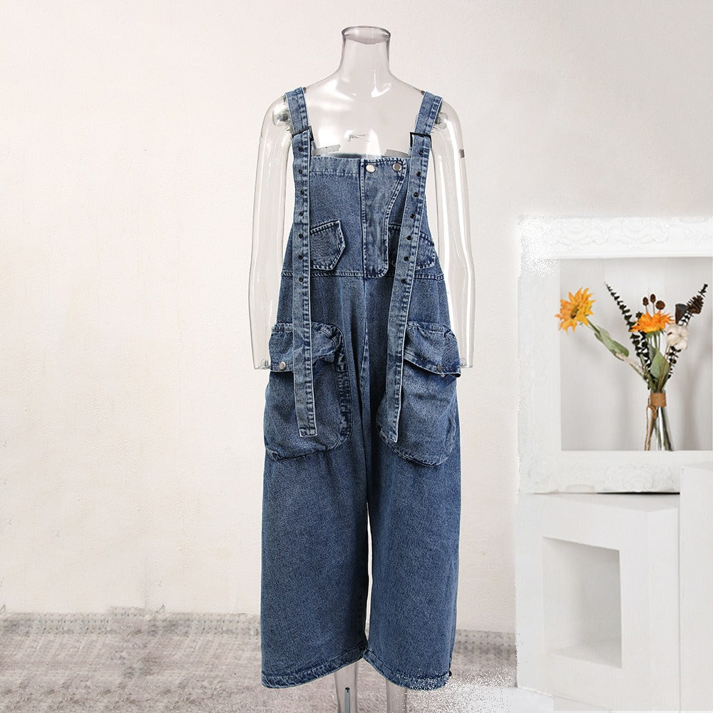 Stylish Women's Denim Overalls with Three-Dimensional Pockets
