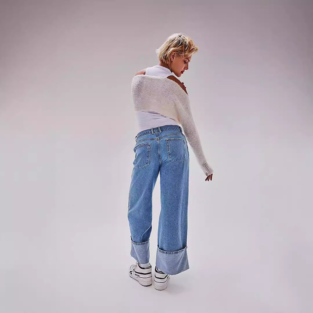 Washed Mid Waist Rolled Edge Loose Jeans