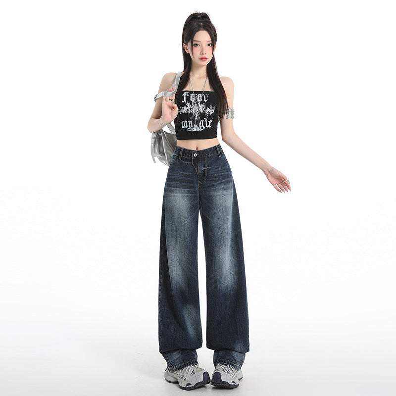 Retro Washed Cat Whisker Wide Leg Jeans for Women - Unique Vintage Design
