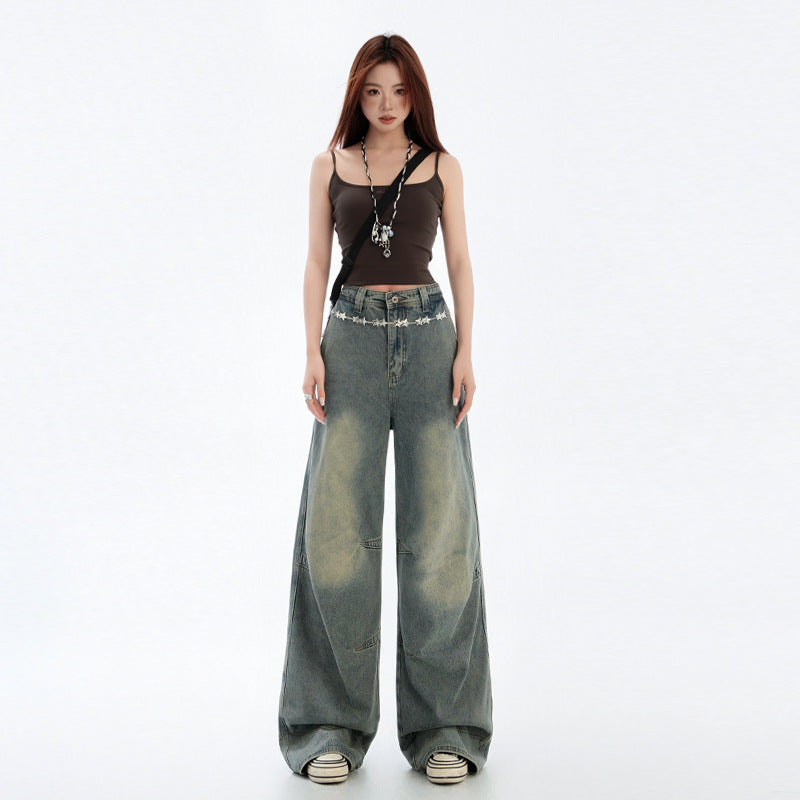 Blue Wide Leg Jeans with Deconstructed Design - Women's Straight Leg Denim Pants