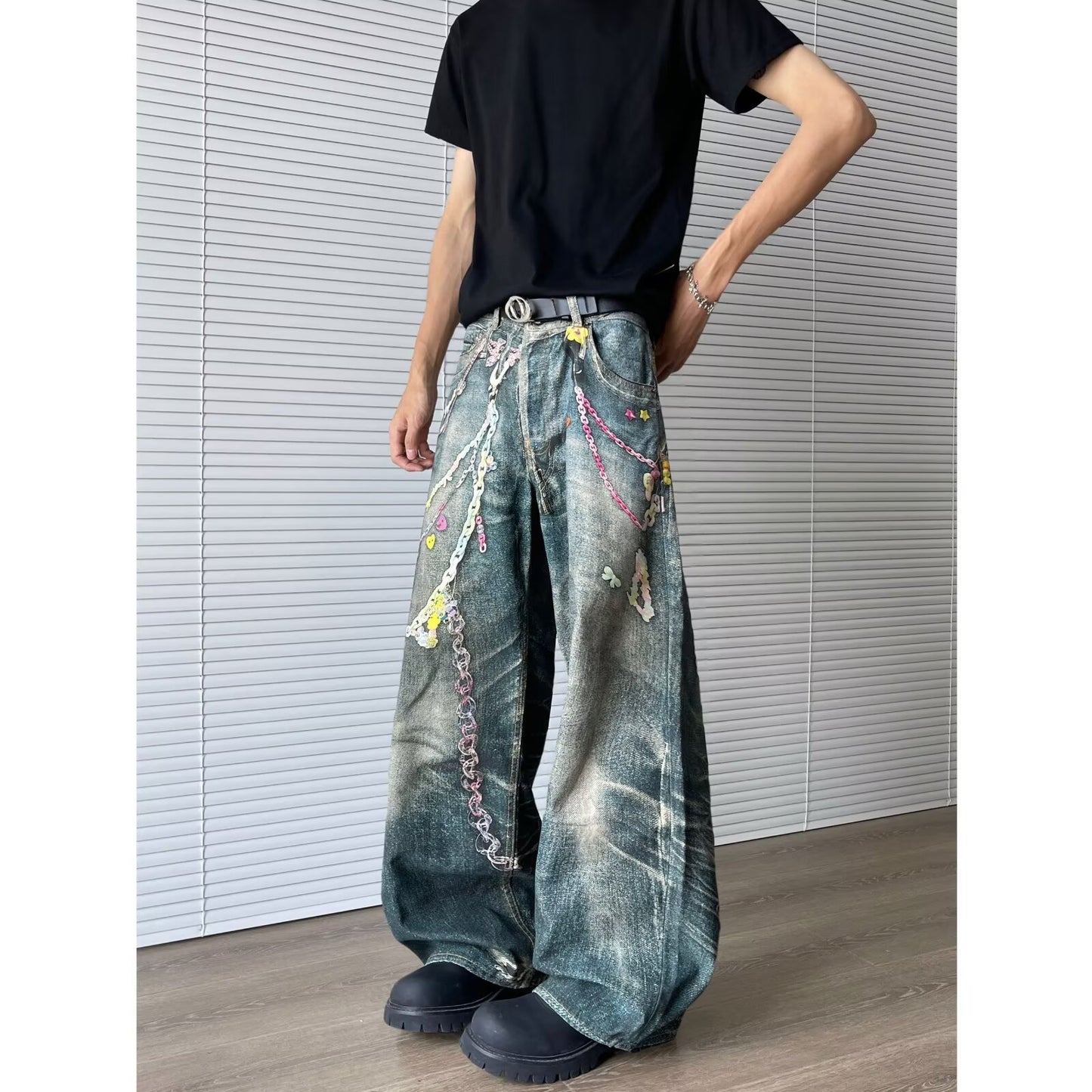 Retro Chain Printed Denim Wide Leg Pants for Men