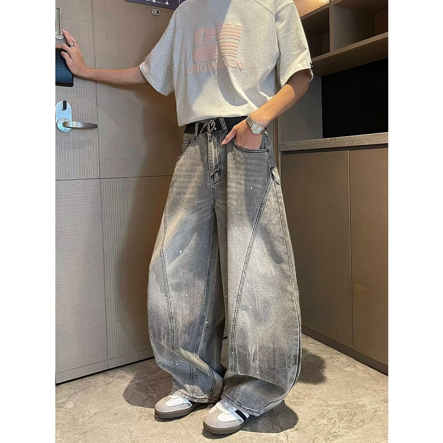 Retro Washed Curved Knife Denim Loose Drape Wide Leg Floor Length Pants