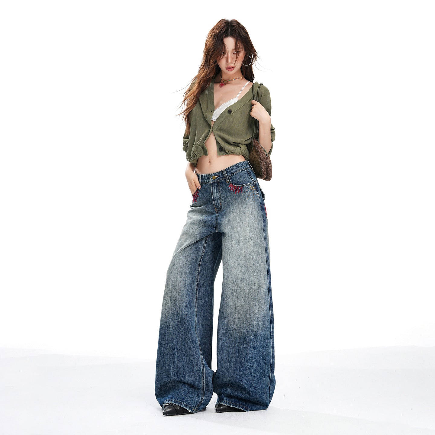 Loose Wide-Leg Denim Pants for Women with Vintage Embroidery and Stud Details
