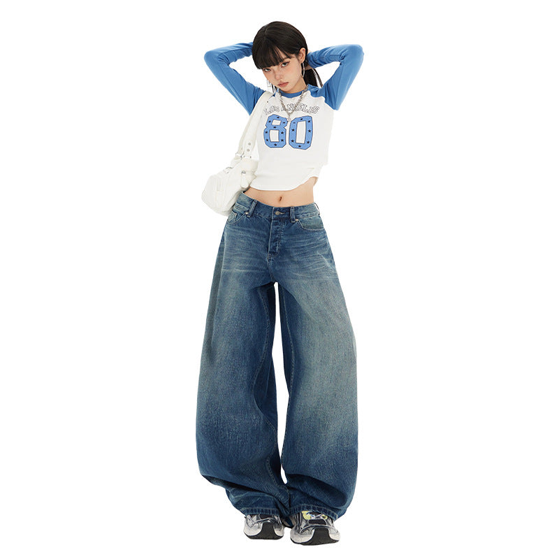 Women's Blue Knife-Leg Jeans - Gradient High-Waist Loose Wide-Leg Pants