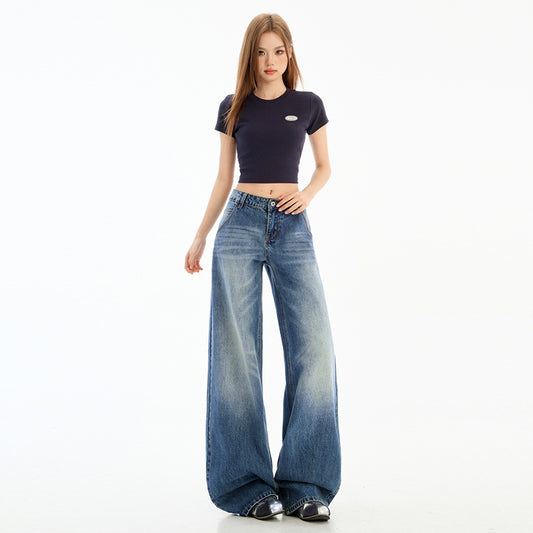 Retro Distressed Floor-Length Wide-Leg Jeans for Women