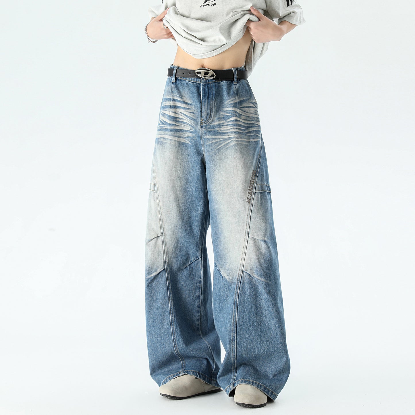 Men's Patchwork Straight Leg Work Pants – Premium Loose Fit Denim