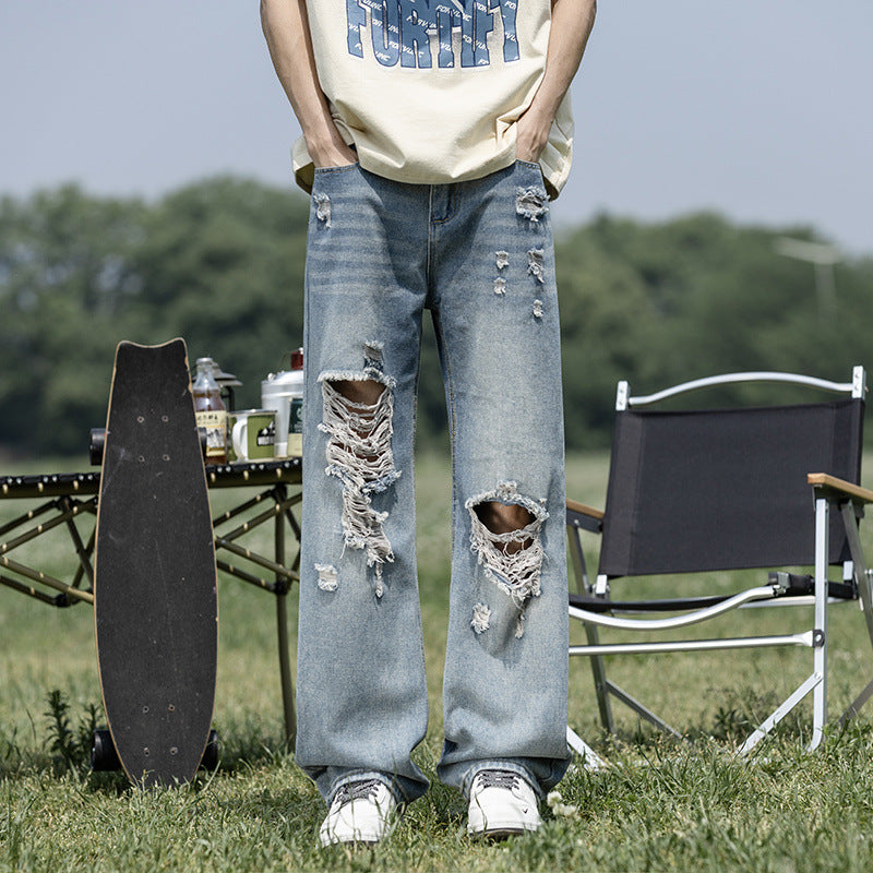 Premium Loose Straight Leg Wide Leg Long Pants - Blue Denim