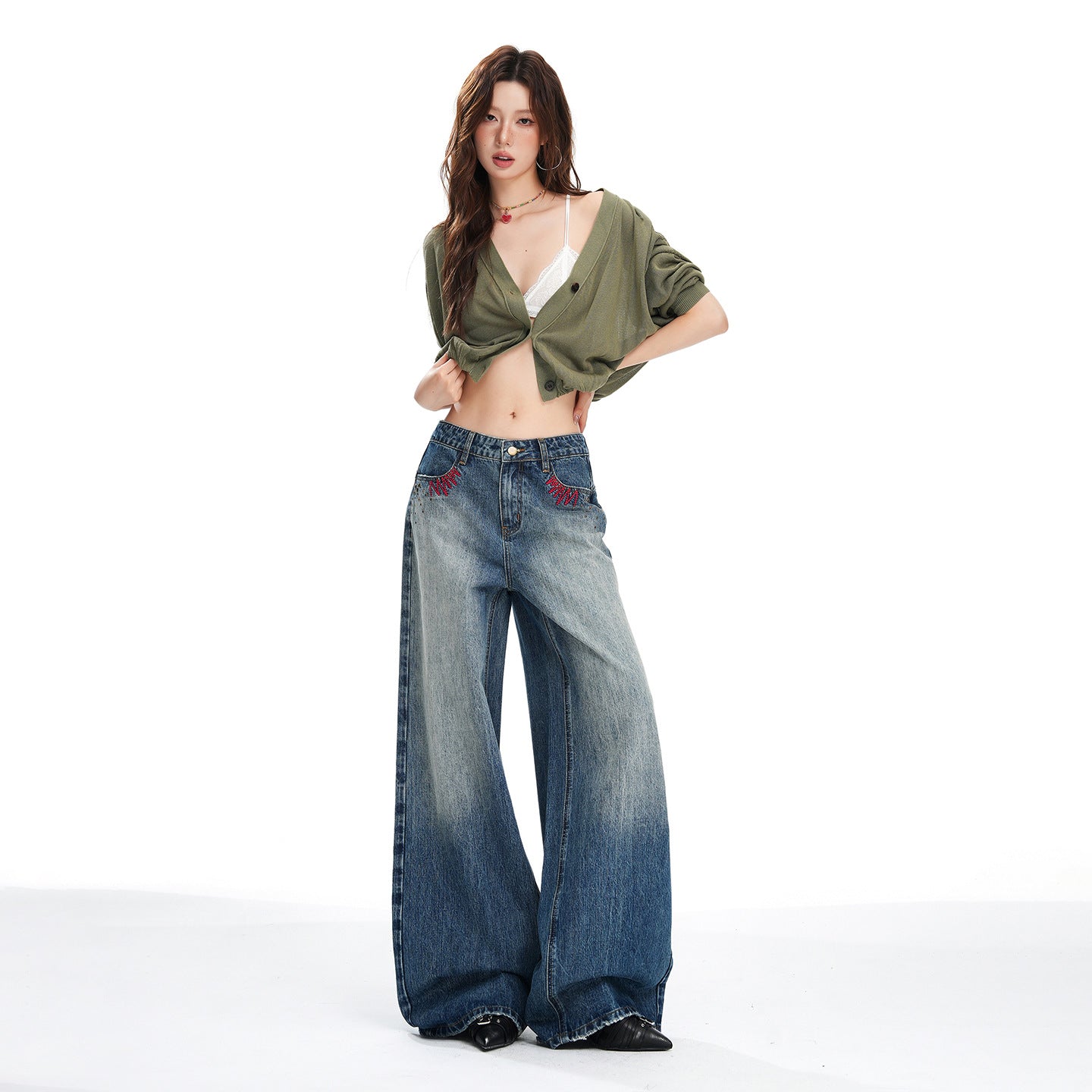 Loose Wide-Leg Denim Pants for Women with Vintage Embroidery and Stud Details