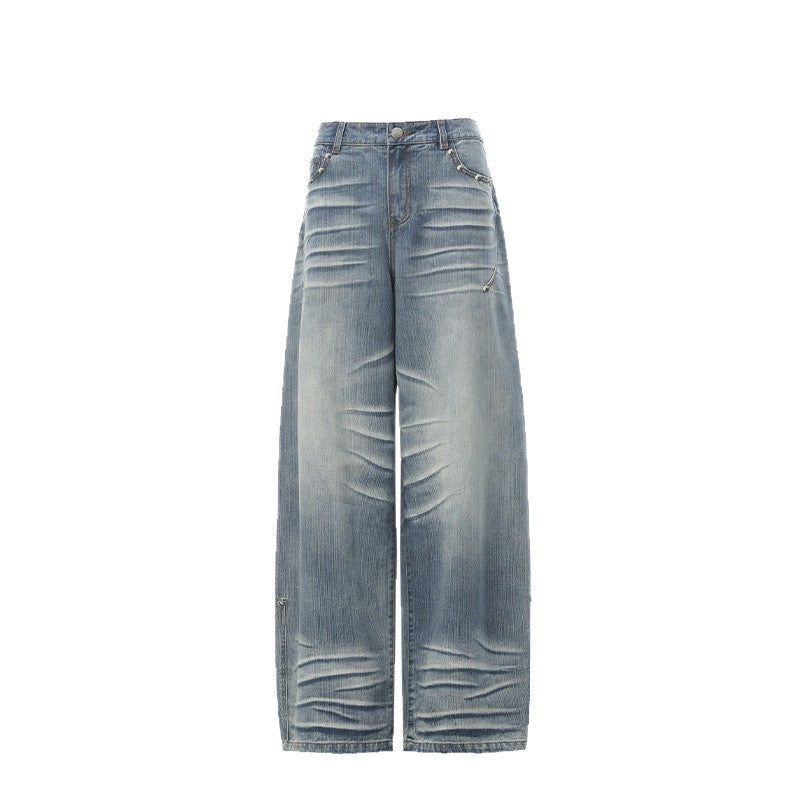 Retro Spicy Girl Washed Pleated Wide-Leg Jeans