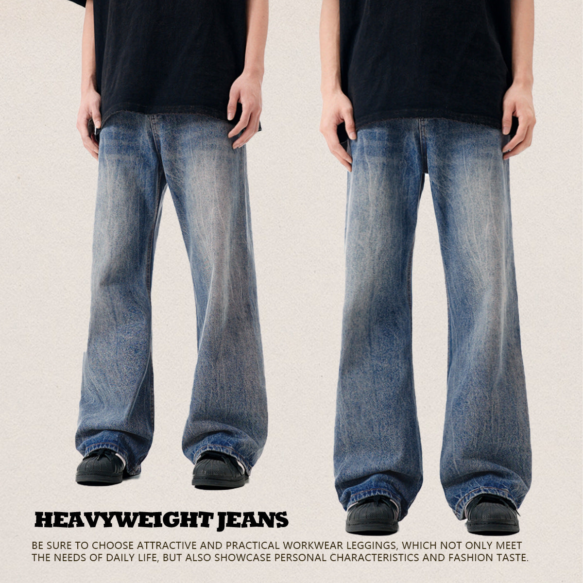 Blue Flared Denim Pants for Men and Women - Simple Clean Fit with Gathered Loose Straight Leg